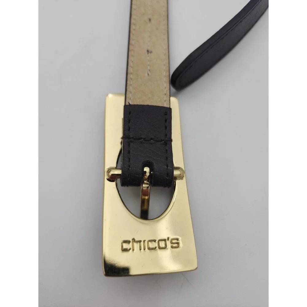 Vintage Chico's Skinny Belt Wood & Brass Rectangle Statement Buckle 35